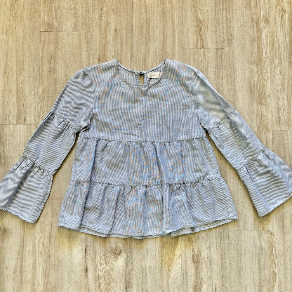 Altar’d State Blue Striped Shirt Bell Sleeves Boho‎ Womens Size Small Ruffles